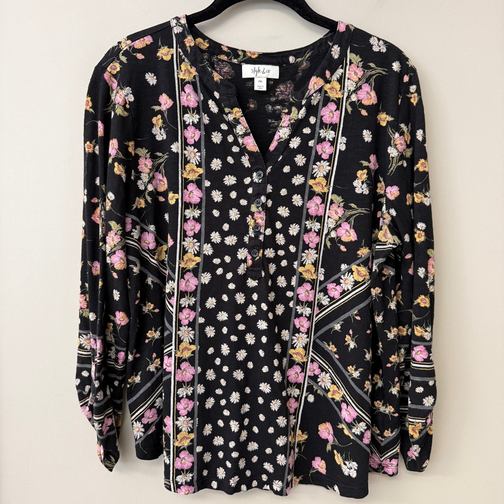 Style & Co Womens Dark Floral Henley Top Cotton Modal Size XLP Black Roll Tab